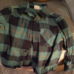 Green and Black Plaid Button-Up Shirt with Orange Accents